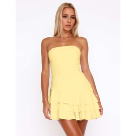 Meladyan Women's 2025 Summer Strapless Tube Dress Sexy Off Shoulder Ruffle Tiered Flowy Mini Dresses Yellow