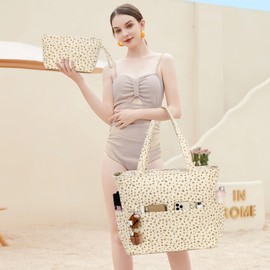 LOIDOU Large Beach Bag Women's Shoulder Bag with Zip Tote Bag Waterproof Sandproof Shopper Shoulder Bags Handbag Gym Swimming Pool with Wet Compartment Travel Pool Swim, Corduroy Yellow Flower,