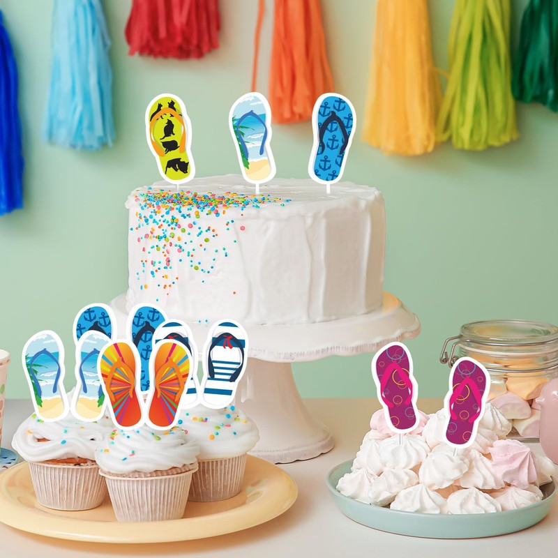 48pcs Beach Slippers 6 Shape Cupcake Toppers - Summer Hawaii