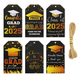 BEISHIDA Class of 2025 Graduation Gift Tags, Black&Gold Graduation Cap Gift Paper Tags, 6 Patterns Congrats Grad Hanging Labels for Bags, DIY Crafts Party Favor Supplies-60PCS