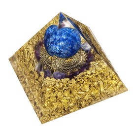 KYEYGWO Lapis Lazuli Positive Energy Pyramid Gemstone with Crystal Ball, Reiki Healing Crystal Pyramid, Chakra Pyramid, Desktop Ornament for Meditation and Home Decoration