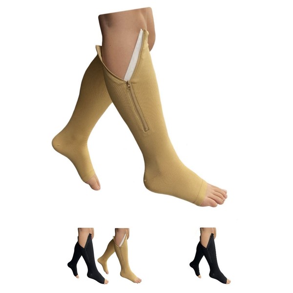HealthyNees Open Toe 15-20 mmHg Zipper Compression Big Plus Size Full Knee Length Swelling Veins Circulation Support Extra Wide Calf Zip Sock (Beige, 5XL)
