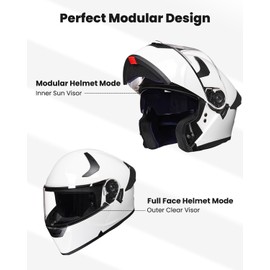 ILM Adult Motorcycle Helmet Dual Visor Flip up Modular Full Face Helmet DOT Model WS206(white,Medium)