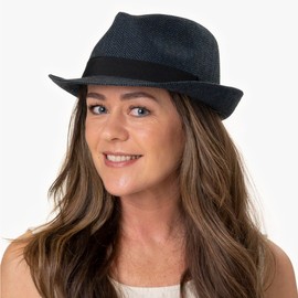 Lipodo Trilby Herringbone Unisex Fabric Hat Classic with Grosgrain Ribbon and Herringbone Pattern Trilby Hat Summer/Winter Fedora, black-blue