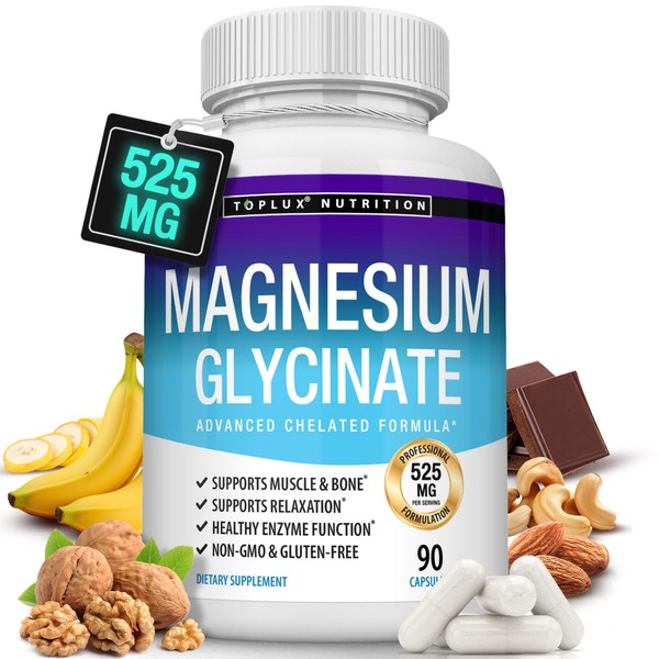 Magnesium Glycinate 525mg Complex - High Absorption Magnesium Supplement 125% DV Chelated - Support Muscles, Recovery, Maximum Bioavailability Vegan Non-GMO for Men Women, 90 Capsules