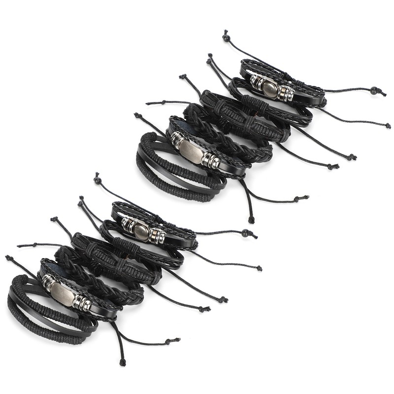 2Sets Adjustable Braided Bracelet Metal Inlaid Wristband Retro Style Cuff