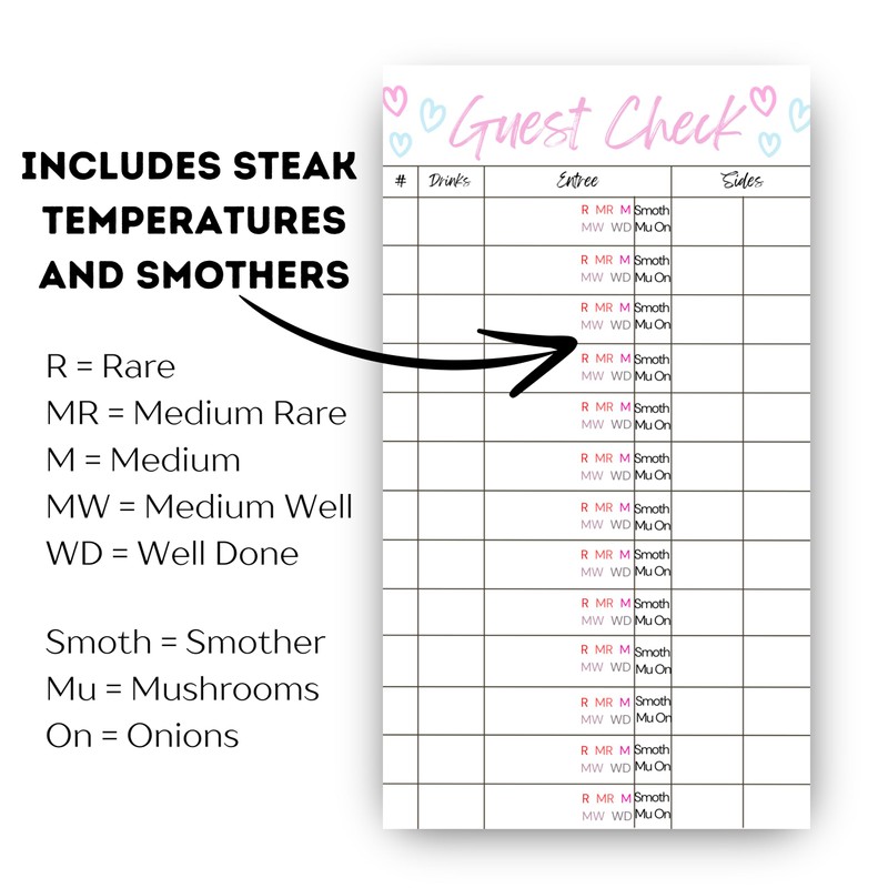 Guest Check Server Notepad with Steak Temperatures and Smothers, Waitress
