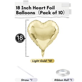 Pastel Gold Heart Balloons, 18 Inch 10 Pcs Light Yellow Foil Heart Balloons Pastel Yellow Heart Shape Mylar Balloons Pastel Gold Party Balloons for Birthday Wedding Baby Party Valentines