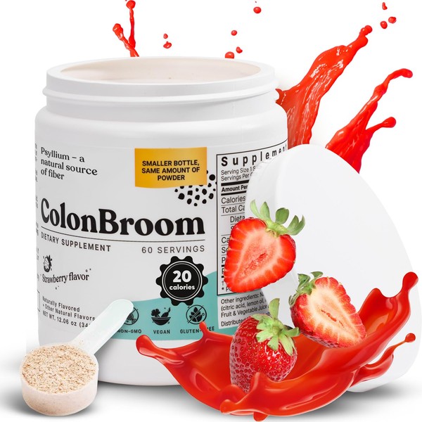 ColonBroom Psyllium Husk Powder (Strawberry) - Colon Cleanse for Bloating Relief & Gut Health - Colon Broom Fiber Powder Drink - Vegan, Gluten Free, Non-GMO Fiber Powder Supplement, 60 Servings