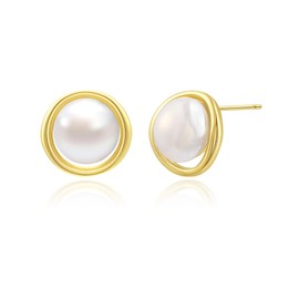 Hypoallergenic Pearl Stud Earrings for Women | 14K Gold Plated Fashion White Pearl Jewelry | 10MM Design, Classic Gift for Weddings, Sensitive Ears & Timeless Luxury