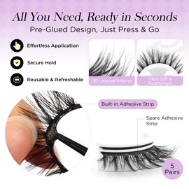BEYELIAN Self Adhesive Eyelashes No Glue Needed Pre Glued Reusable False Eyelashes, Wispy Natural Look Faux Mink Press on Lashes 5 Pairs