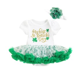 Geagodelia Baby Girl My 1sr First St. Patrick's Day 2Pcs Clothes Set Outfits Short Sleeve Romper Tutu Ruffle Dress + Headband (Green 1, 12-18 Months)