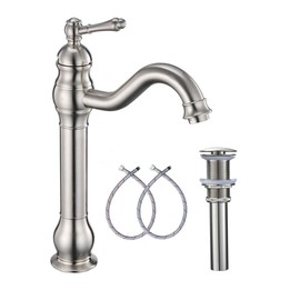 GGStudy 360° Swivel Single Handle One Hole Bathroom Vessel Sink Faucet Matching Pop Up Drain Without Overflow Brushed Nickel