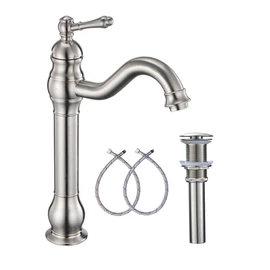 GGStudy 360° Swivel Single Handle One Hole Bathroom Vessel Sink Faucet Matching Pop Up Drain Without Overflow Brushed Nickel