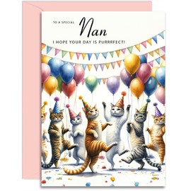 Nan Birthday Card - Dancing Cats Design - Happy Birthday Card for Her. A5 with Pink Envelope - Designed and Printed in the UK