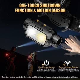ATDOALL Rechargeable LED Headlamp, High Lumen Super Bright Head Lamp with Red Light, Motion Sensor, 5 Modes, 90° Adjustable, Waterproof Lightweight Headlamps for Adult Running, Camping, Fishing