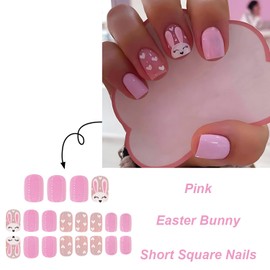 24Pcs Pink Press on Nails Easter Short Fake Nails Cute Rabbit Acrylic Nails Full Cover Glossy False Nails Reusable Square Stick on Nails Bunny Artificial Nails Easter Day Glue on Nails for Women
