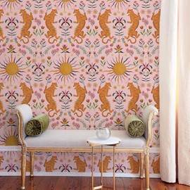 JiffDiff Pink Tiger Peel and Stick Wallpaper - Tropical Tiger Boho Removable Self Adhesive Jungle Animal Wall Paper for Bedroom, Living Room, Nursery Waterproof DIY Wall Decor (17.3" x 120")