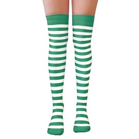 NuJake Striped Over The Knee Socks Fancy Dress Christmas Elf Cosplay Girls UK Size 4-5.5 (Cotton Blend, Green & White)