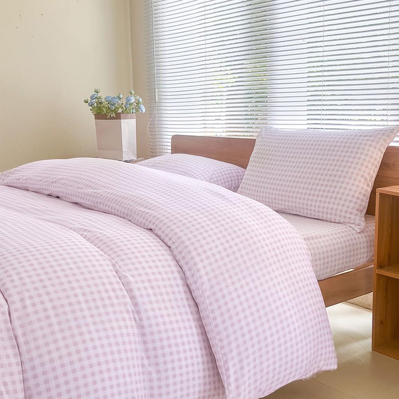 NSNLGSGC Pink Gingham Duvet Cover Set King, Grid Simple Geometric