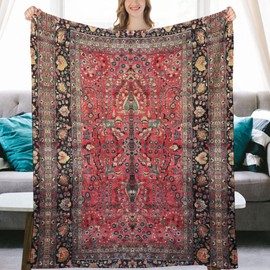 Antique Persian Red Rug Flannel Fleece Throw Blankets 50"X40" Lightweight Fluffy Winter Fall Blanket Cozy Soft Fuzzy Plush Home Decor for Couch Bed Sofa Bedroom Living Room Travel