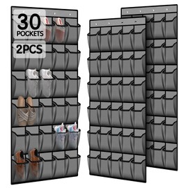 Kotkn Over the Door Shoe Organizer with 30 Breathable Mesh Pockets - Large Capacity Closet Storage for Men & Women, Hanging Shoe Rack Organizer (2PC-Gray)
