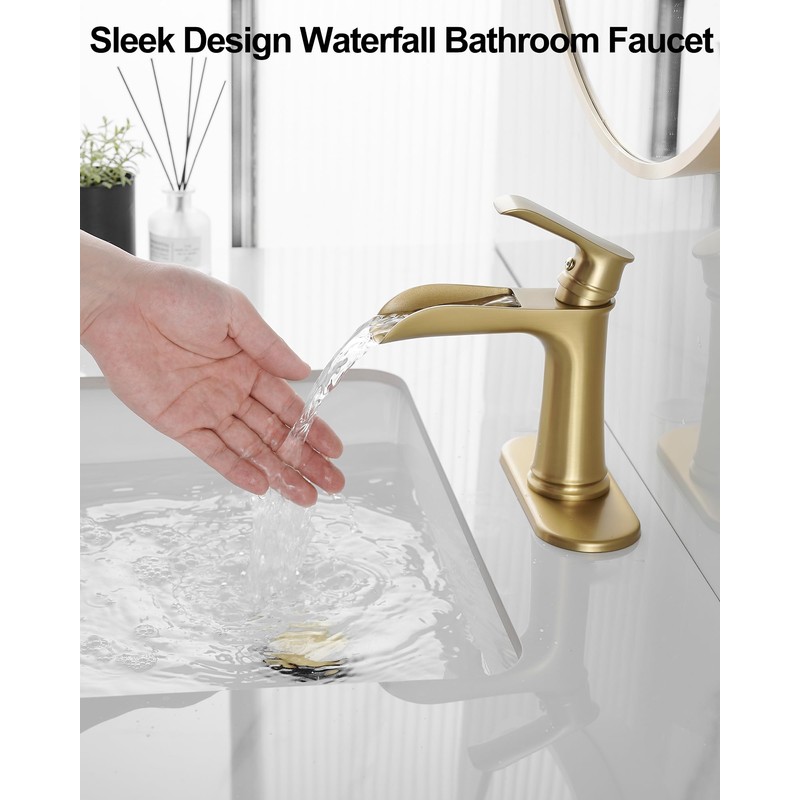 HOIGY Waterfall Faucet, Brass Gold Bathroom Faucet 1 Hole, 1