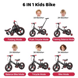 JMMD 6-in-1 Toddler Balance Bike for 18-60 Months With Training Wheels Pedals Push Handle Brakes Kickstand Ride-On Toy Gift Boys Girls:_Black
