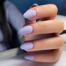 KQueenest Matte Lilac Press On Nails Short Oval Gel Fake Nails Round Acrylic Nails Press Ons Short Almond Nails Glue on Pure Color Stick On Nails For Women Girls Daily Wear, No Glue