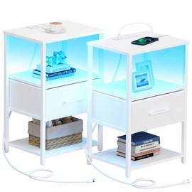 TUTOTAK LED End Table, Side Table with Charging Station, Nightstand Set of 2, Bedside Table with Fabric Drawer, Couch Table for Livingroom and Bedroom, Whtie TB01BW0692L