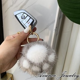 AVANCE Women's Paw Dog Cat Fur Charm Key Ring Cute Fluffy Pom Pom Popular Accessory, multicolor (gray / white)
