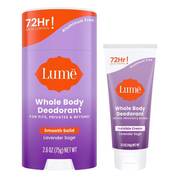 Lume Whole Body Deodorant For Women & Men - Invisible Cream Tube Mini + Solid Stick Bundle - 72 Hour Odor Control - Aluminum & Baking Soda Free, Skin Safe (Lavender Sage)