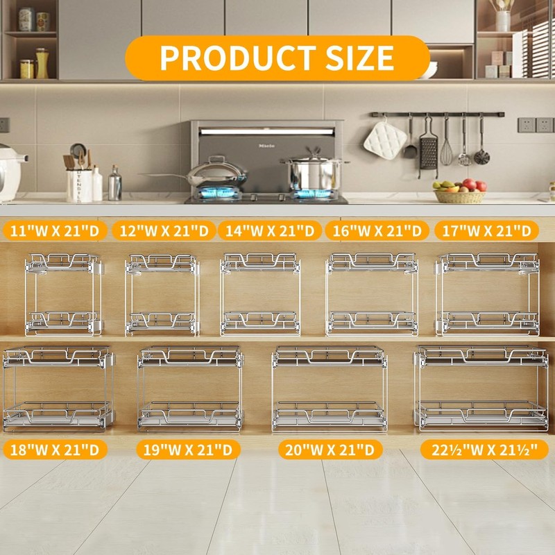 QUYUWU 2-Tier Kitchen Cabinet Pull Out Shelf and Drawer Organizer