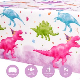 WERNNSAI Watercolor Dinosaur Tablecloth - 1 Pack 54'' x 108'' Dinosaur Party Supplies for Kids Girls Dino Theme Birthday Party Decoration Plastic Disposable Printed Rectangular Dining Table Cover