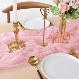 Joanlody Blushing Pink Cheesecloth Table Runner 10Ft Rustic Gauze Table Runner 38x120 Inches Boho Tablecloth for Wedding Bridal Baby Shower Decorations
