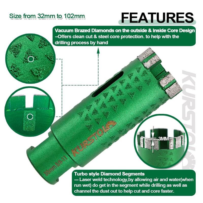 KURSTOL Diamond Core Drill Bits - 1-1/4 Inch with 58-11