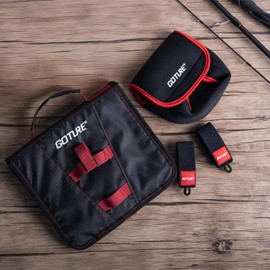 Goture 3-in-1 Fishing Tackle Binder Combo-Soft Bait Binder, Spinning Reel Cover, 2 Rod Straps, Soft Plastic Bait Storage Lure Bag with 8 Clear PVC Sleeves,Mesh Pockets, Gifts for Men