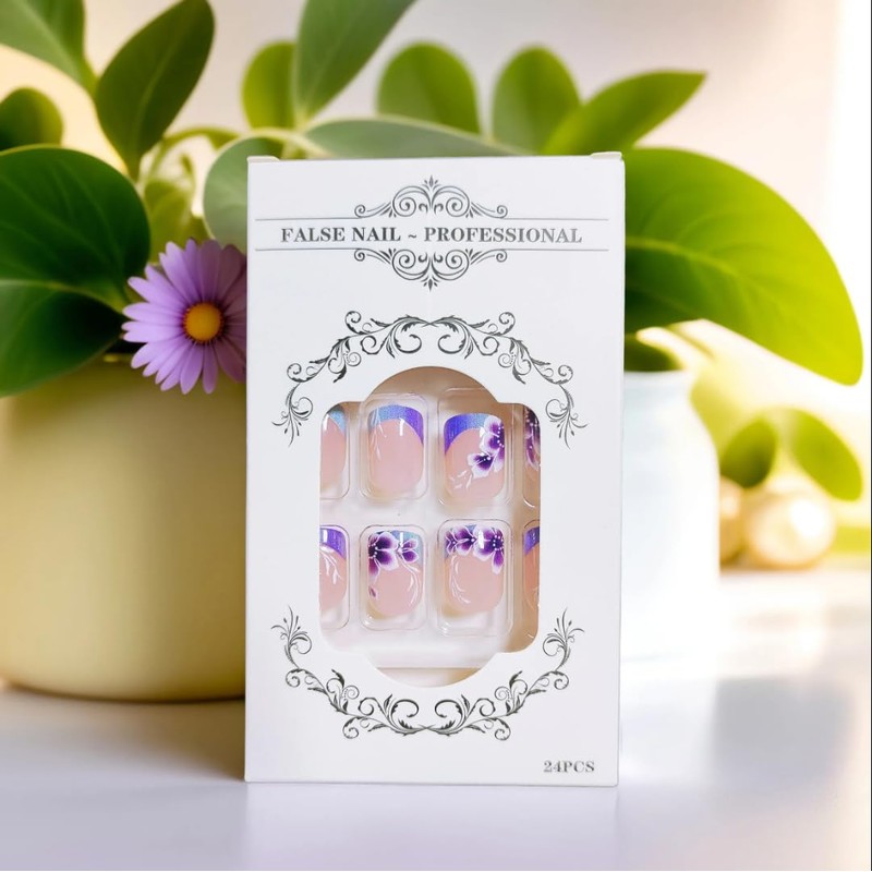 Flower Press on Nails Short Square Purple Fake Nails with