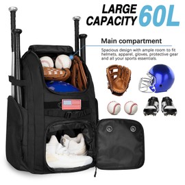 Goloni Baseball Bag, 60L Capacity Softball bag Holds 4 Bats for Youth & Adult, Baseball Bat Backpack with Shoes Compartment,Helmet Holder,Fence for Hook T-Ball, Softball Equipment, Baseball Gear
