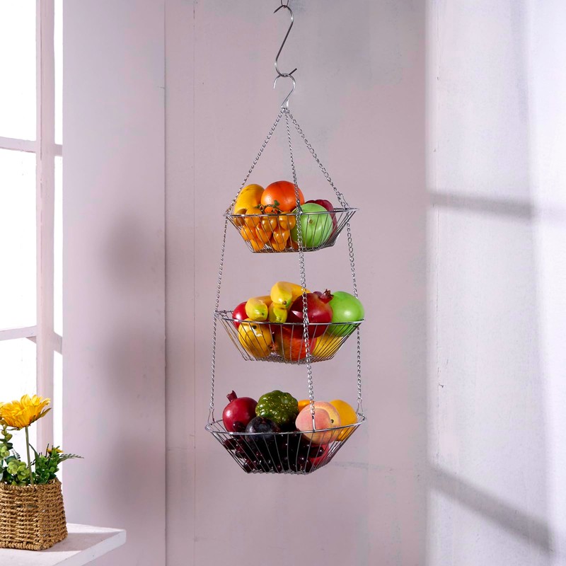 JUNCHU CHERRY 3-Tier Wire Fruit Hanging Basket, non-Punching Wall Hanging