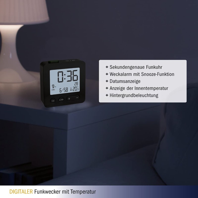TFA Dostmann 60.2545 Digital Radio-Controlled Alarm Clock, Single, Black