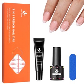 150Pcs Almond Nails Tips with Top Coat and Solid Nail Glue No UV Light Needed, Pink French Tip Press on Nails No Need to File Soft Gel Nail Tips Fake Nails Tips for Nail Art DIY 15 Size