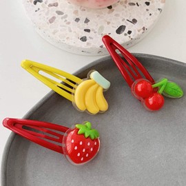 2 Pcs Red Barrettes Women Girls Baking Paint BB Hair Clip Lovely 3D Strawberry Banana Cherry Fruit Resin Water Drop Snap Barrettes Hair Accessories, 5.5cm(2.17in)