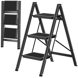 DIAMONDFORGE 3 Step Ladder, Folding Step Stool with Anti-Slip Wide Pedal, Anti-Slip Feet, Sturdiest Steel Construction, Steel Ladder for Home and Office, Black