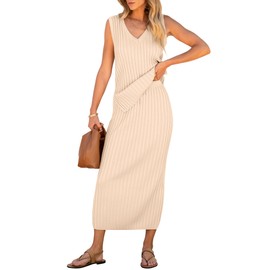 ANRABESS Women's 2 Piece Outfits Summer Sweater Skirt Sets Casual Sleeveless V Neck Ribbed Vest Knit Tops Midi Dress Small Beige