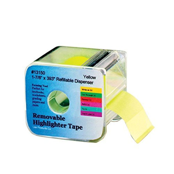 Lee Products Removable Wide Highlighter Note Tape with Dispenser, 1-7/8 X 393 in, Yellow (13150)