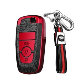 KUNIO Car Key Case Fits Ford Mondeo Mustang Explorer EcoSport S-Max Ranger Fiesta F150 F250 TPU Leather Texture Key Case Key Case Key Protector 3 Buttons Red