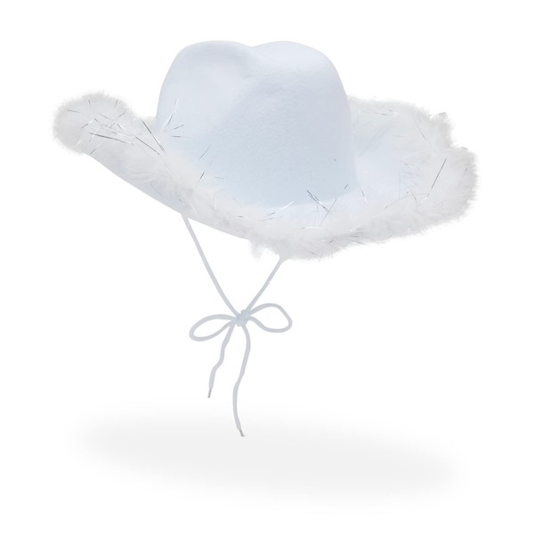 Zodaca Womens Cowboy Hat - Cute, Fluffy, Sparkly Cowgirl Hat with Feathers for Halloween Costume, Dress Up Birthday, Bachelorette Party Accessories (White)