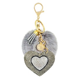 JK Home Bling Rhinestone Heart Keychains Soft Pompom Fluffy Ball Keyrings With Storage Box, Charms Glitter I Love YOU Crystal Tassel Key Ring Plush Pom Pom Hang Pendant Key Holder Grey