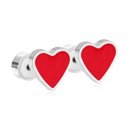 Enamel Heart Love Screw Back Small Stud Earrings for Women Girls Men Minimalist Stainless Steel Heart Shaped Cartilage Tragus Piercing Sleeper Studs Hypoallergenic Jewelry (Silver Red)